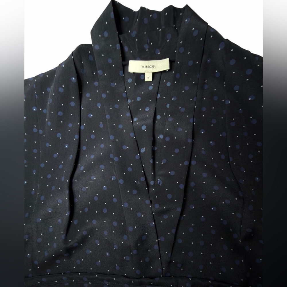 Vince Blue Silk Polka Dot Midi Dress M Sleeveless V Neck Casual Cocktail Pockets - Picture 5 of 16